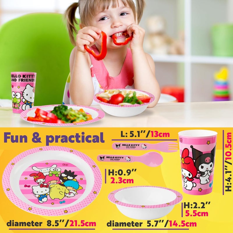 Get Trend Hello Kitty Sanrio Dinnerware Sets for Kids, 5 Pc Tableware, Plate, Bowl, Cup, Spoon, Fork, Kawaii Plates and Bowls Set, Gifts for Kids (Pink Hello Kitty) - Image 2